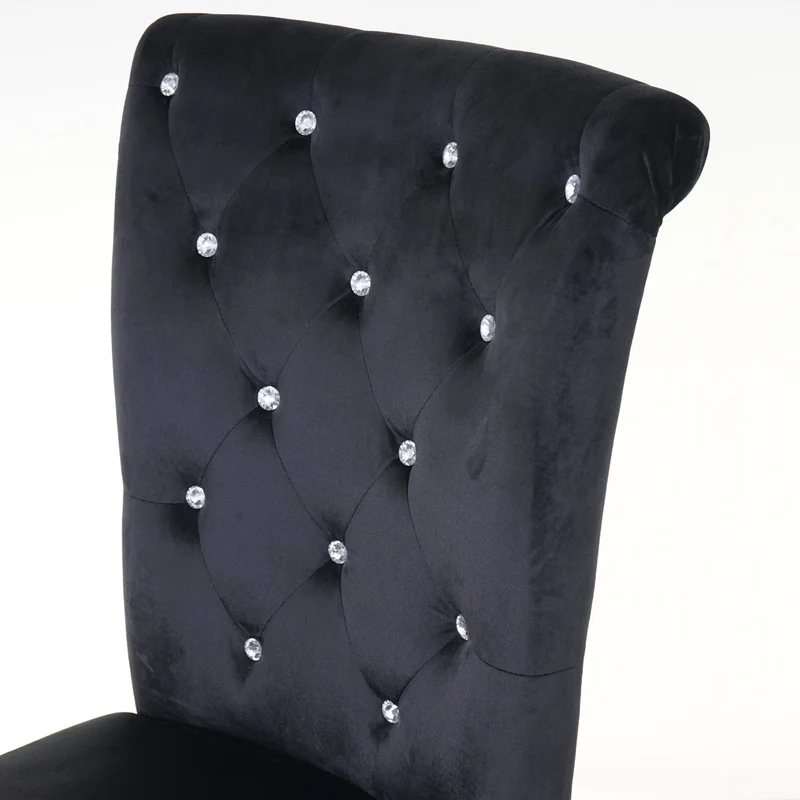 Lot de 6 chaises à manger en velours noir avec décoration bouton cristal pieds bois clairs 04_0000797