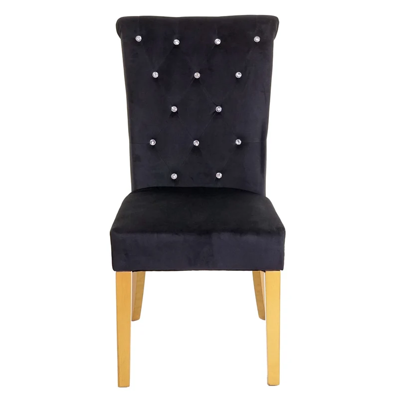 Lot de 6 chaises à manger en velours noir avec décoration bouton cristal pieds bois clairs 04_0000797