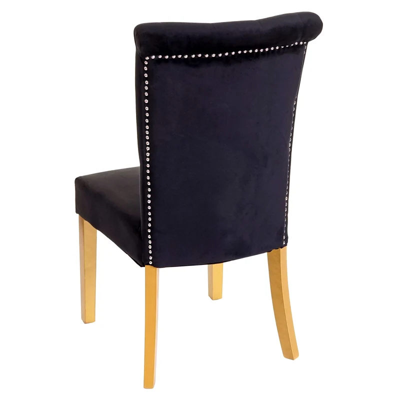Lot de 6 chaises à manger en velours noir avec décoration bouton cristal pieds bois clairs 04_0000797