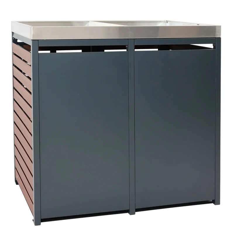 Abris poubelles verrouillable avec bac à plantes 124 x 146 x 102 cm wpc métal aspect bois de noyer 04_0007028