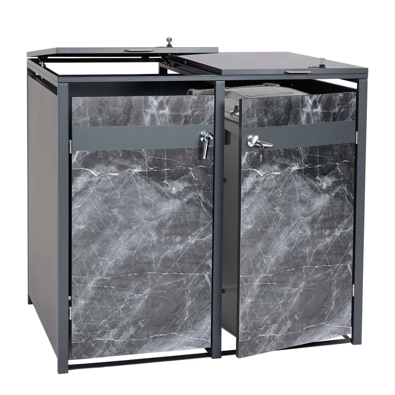 Abris poubelles vérouillable en deux compartiments métal aspect marbre anthracite foncé 04_0006997