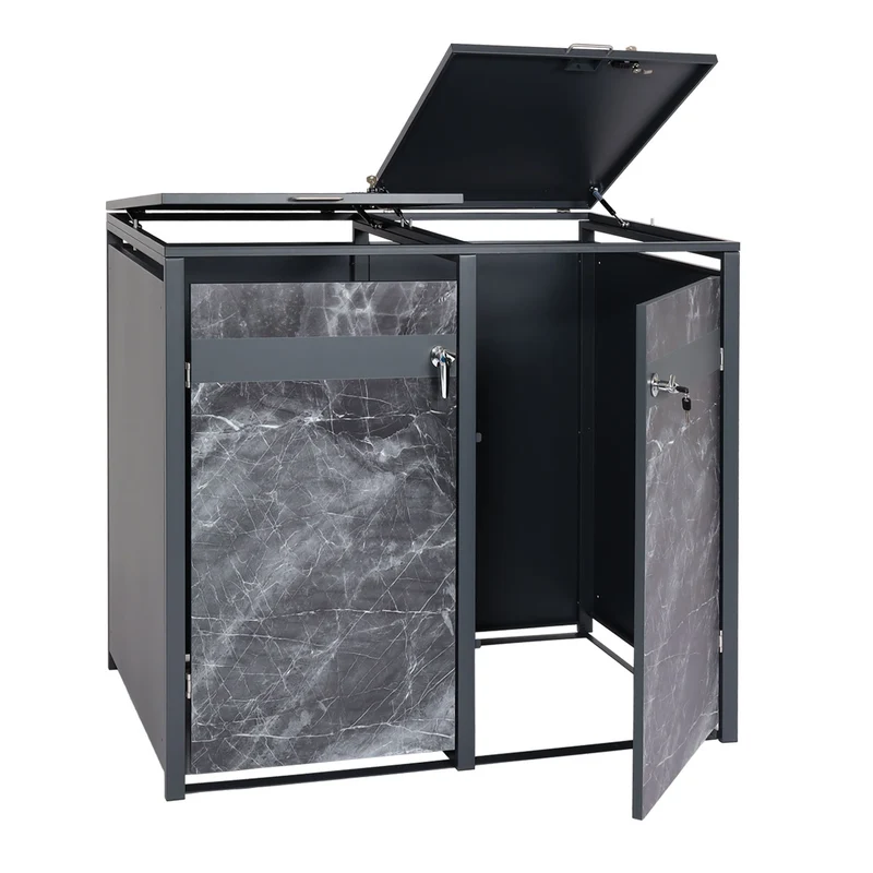 Abris poubelles vérouillable en deux compartiments métal aspect marbre anthracite foncé 04_0006997