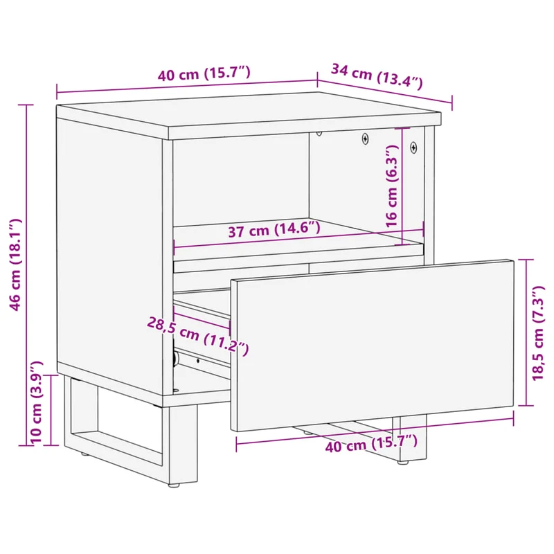 Table de chevet avec tiroir et compartiment ouvert 40 x 34 x 46 cm bois de manguier massif maron blanchi et acier DEC032988