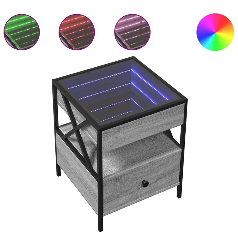 Table de chevet avec miroir à LED et tiroir 40 x 40 x 51 cm bois d'ingénierie gris verre et acier DEC033166