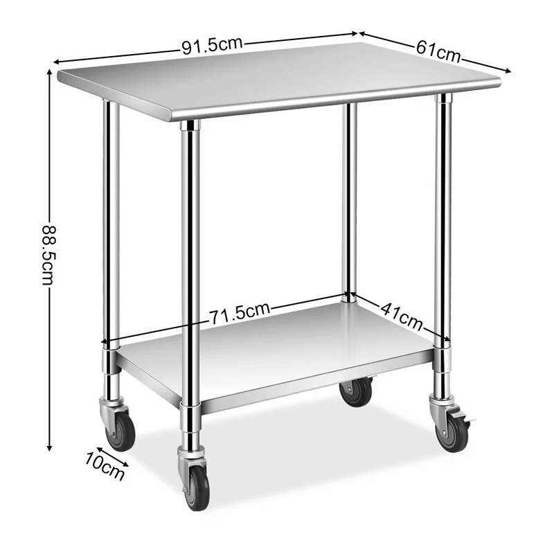 Table de travail inox cuisine avec 2 couches 4 roues 91 x 61 x 88 cm 20_0001208