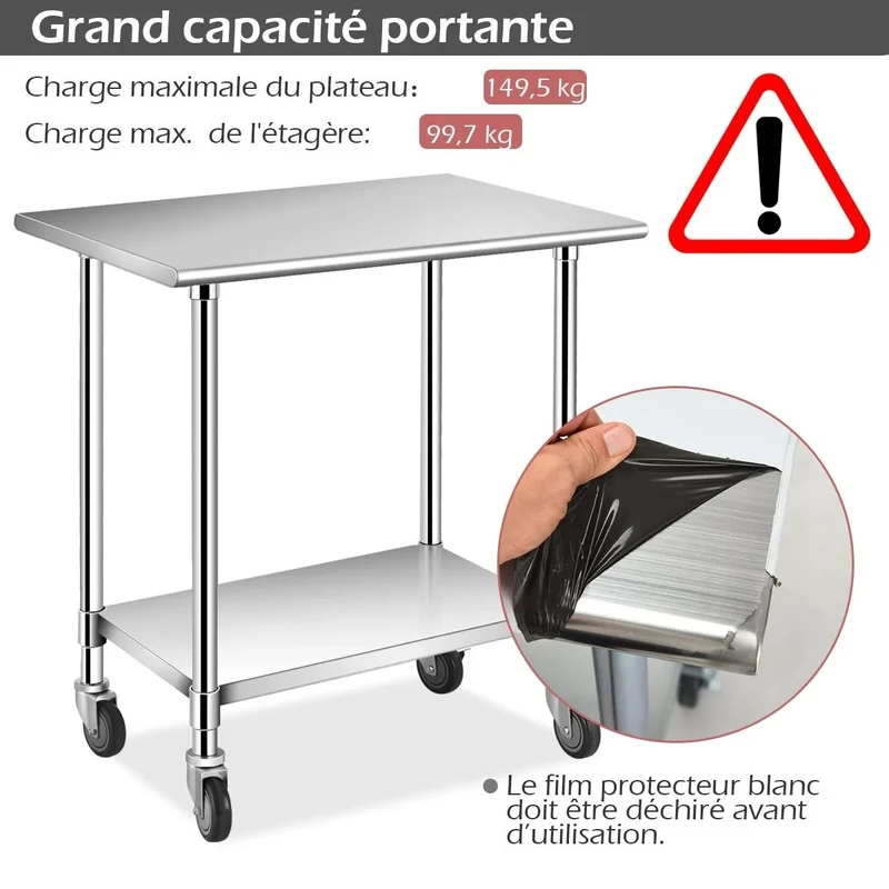 Table de travail inox cuisine avec 2 couches 4 roues 91 x 61 x 88 cm 20_0001208