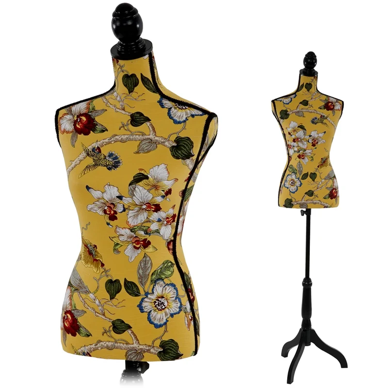 Buste de couture féminin sur pieds hauteur régable mannequin femme déco vitrine fibre de verre jaune avec des fleurs 04_0004287