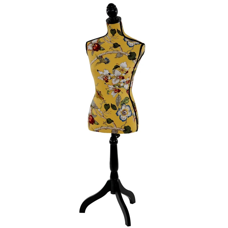 Buste de couture féminin sur pieds hauteur régable mannequin femme déco vitrine fibre de verre jaune avec des fleurs 04_0004287