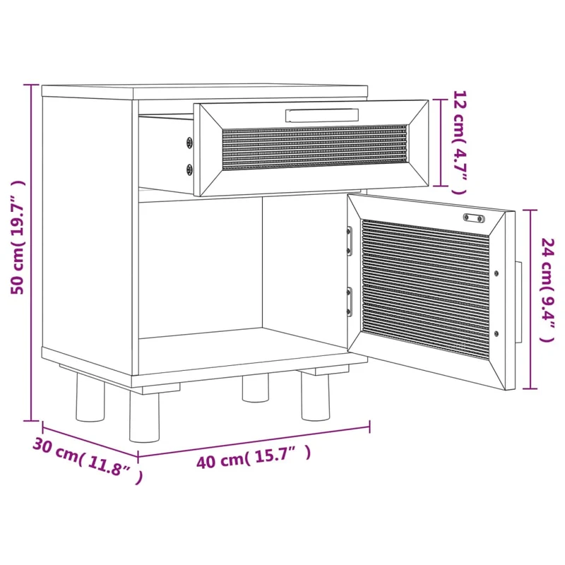 Lot de 2 tables de chevet avec tiroir et compartiment avec porte bois de pin blanc et rotin naturel DEC035781