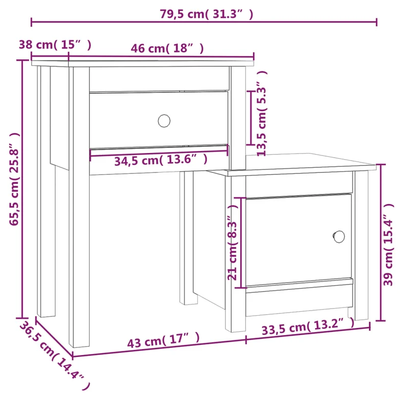 Lot de 2 tables de chevet avec tiroir et compartiment avec porte 79,5 x 38 x 65,5 cm bois de pin massif noir DEC035610