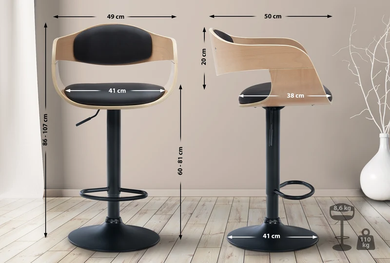 Tabouret de bar x1 design scandinave en PVC noir et structure en bois clair pieds métal noir 10_0005035