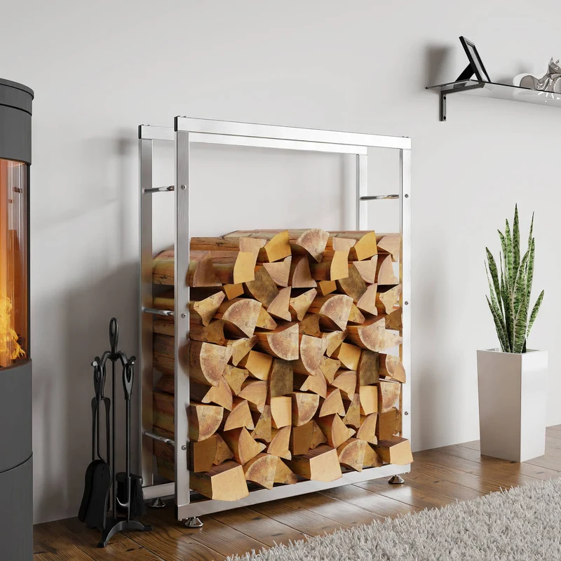 Range-bûches étagère support bois de cheminée 125x80x25 cm en acier inoxydable 10_0003559