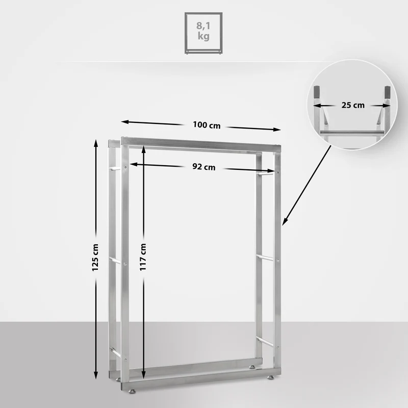Range-bûches étagère support bois de cheminée 125x100x25 cm en acier inoxydable 10_0003547