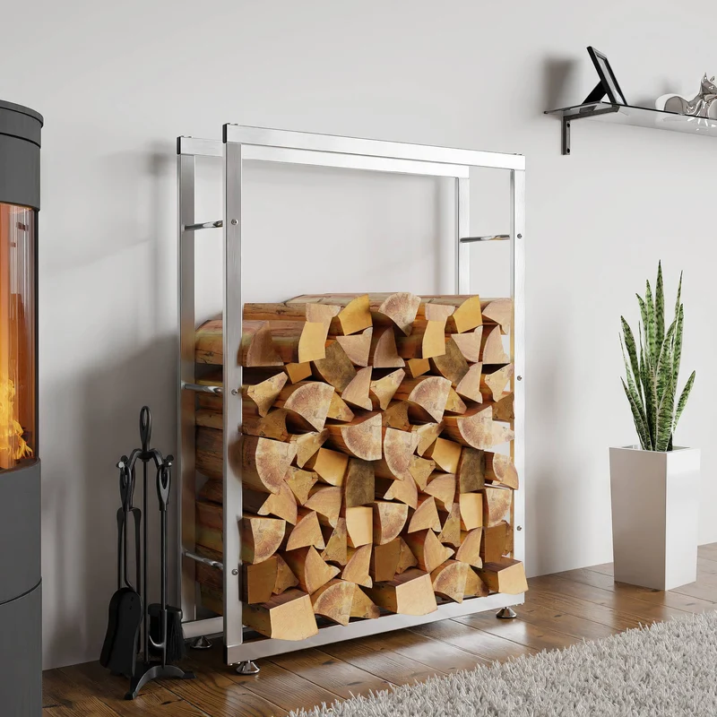 Range-bûches étagère support bois de cheminée 125x100x25 cm en acier inoxydable 10_0003547