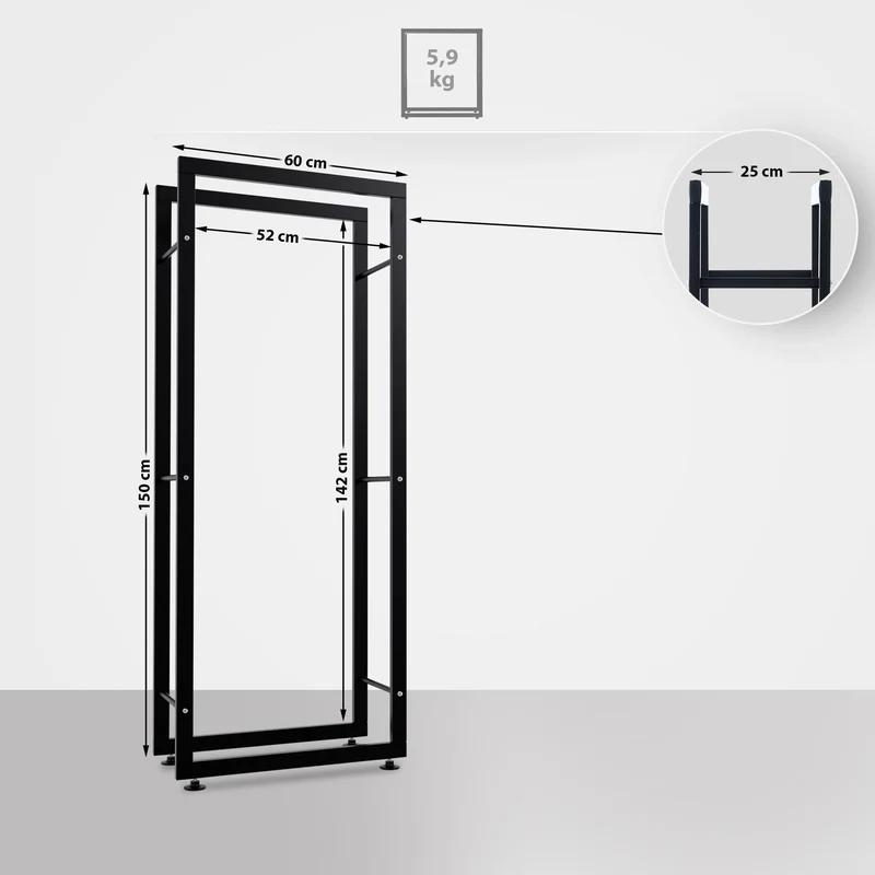 Range-bûches étagère support bois de cheminée 150x60x25 cm métal noir 10_0003556
