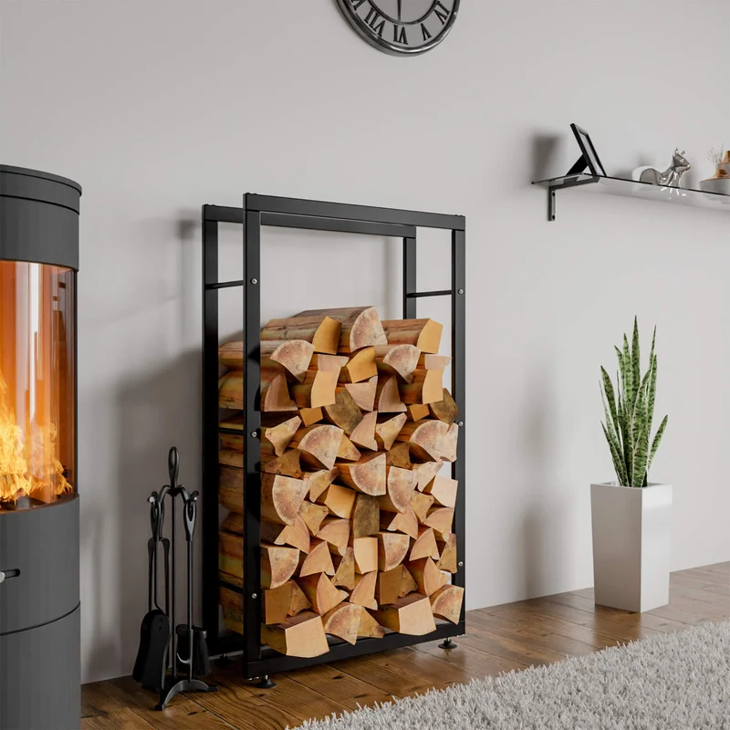 Range-bûches étagère support bois de cheminée 150x60x25 cm métal noir 10_0003556