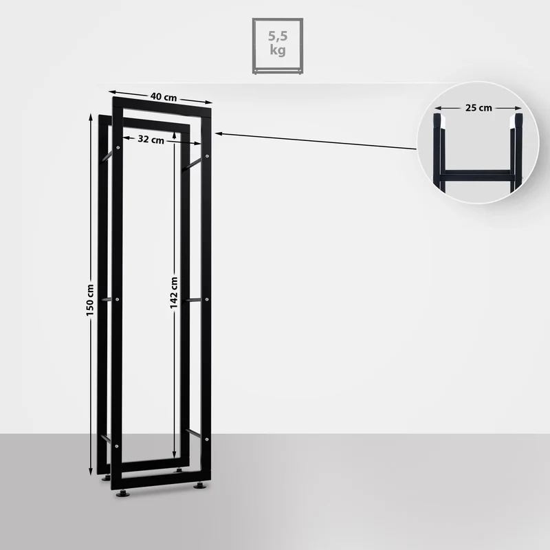 Range-bûches étagère support bois de cheminée 150x40x25 cm métal noir 10_0003554