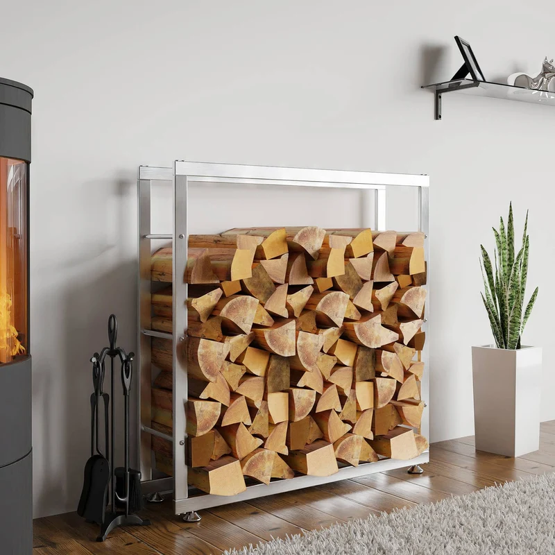 Range-bûches étagère support bois de cheminée 100x100x25 cm en acier inoxydable 10_0003546