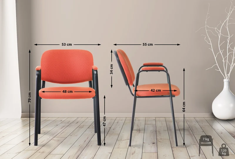 Chaise visiteur avec accoudoirs intégrés zone d'attente en tissu rouge piètement à 4 pieds en métal noir 10_0003385