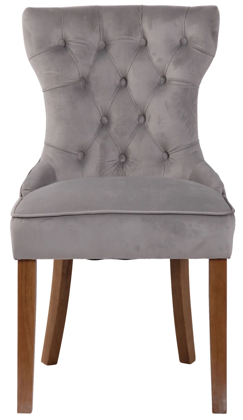 Chaise de salle à manger x 1 style Chesterfield dossier capitonné en velours gris et pieds en bois clair 10_0003737