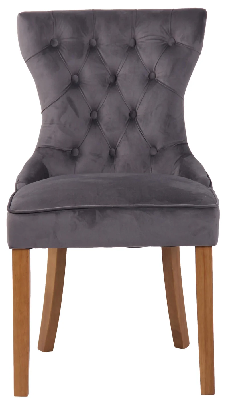 Chaise de salle à manger x 1 style Chesterfield dossier capitonné en velours gris et pieds en bois clair 10_0003736