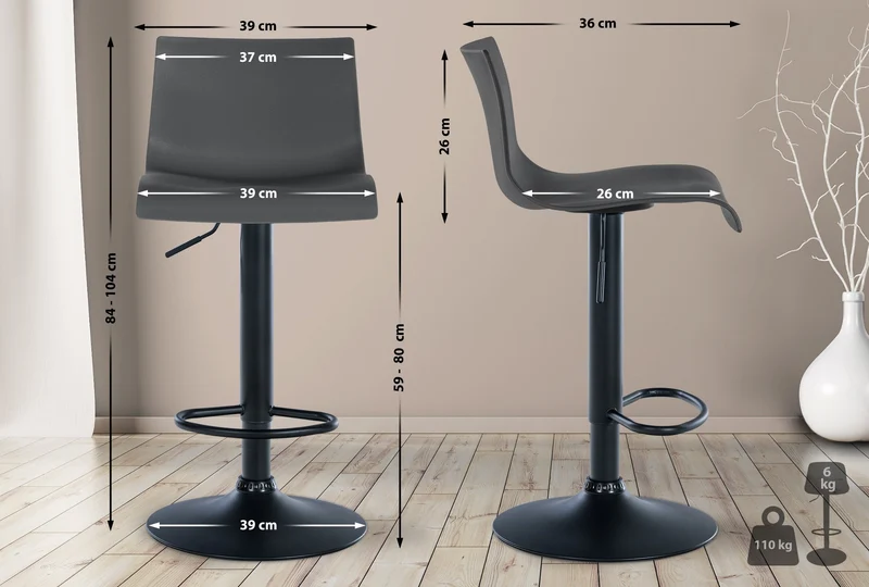 Tabouret de bar x1 design simple avec repose-pieds en plastique gris pieds en métal noir 10_0004550