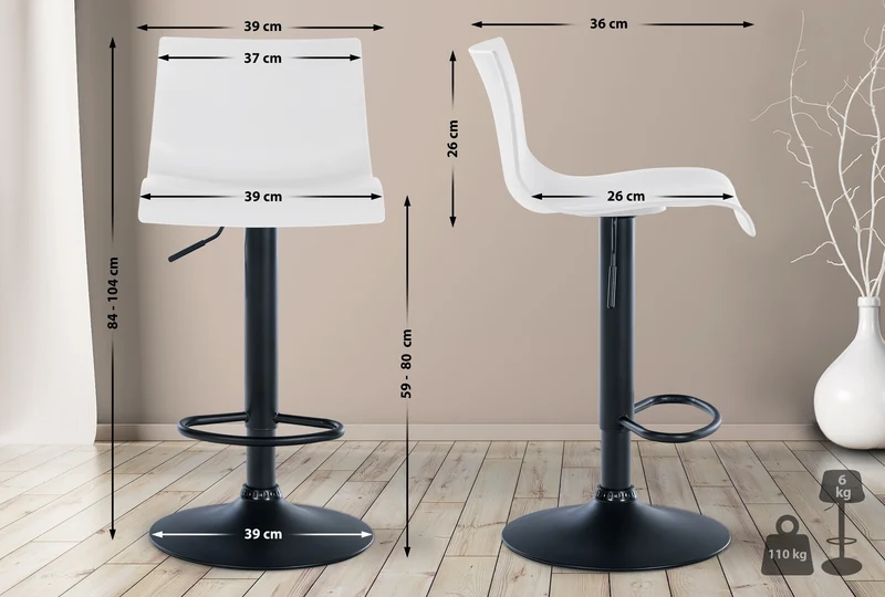 Lot de 2 tabourets de bar design simple avec repose-pieds en plastique blanc pieds en métal noir 10_0004048