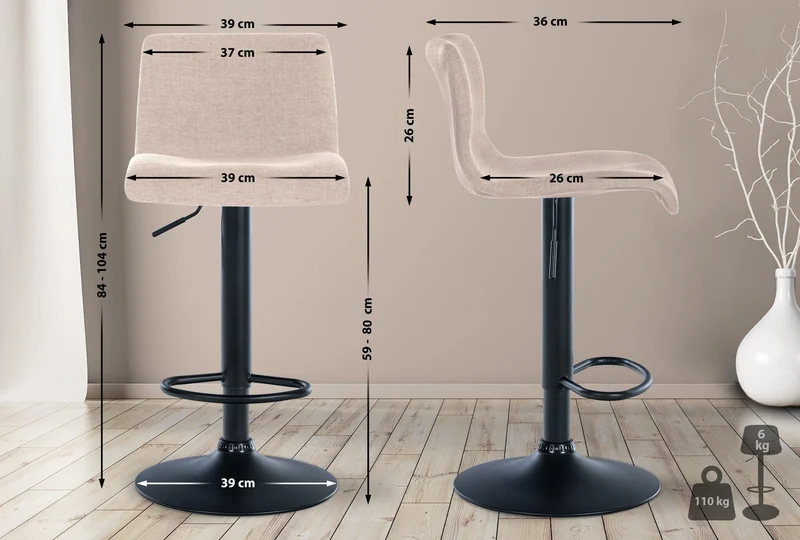 Lot de 2 tabourets de bar design simple avec repose-pieds en tissu crème pieds en métal noir 10_0004051