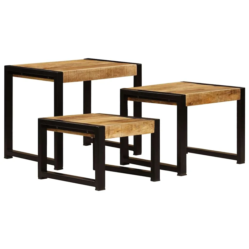 Lot de 3 tables d'appoint gigognes en bois solide de manguier et acier noir DEC032711