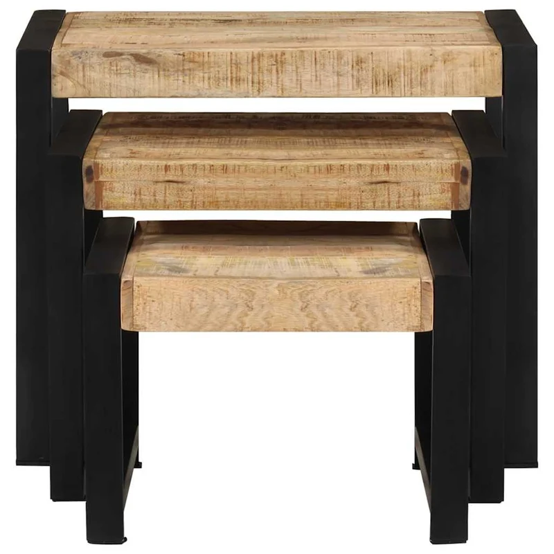Lot de 3 tables d'appoint gigognes en bois solide de manguier et acier noir DEC032711