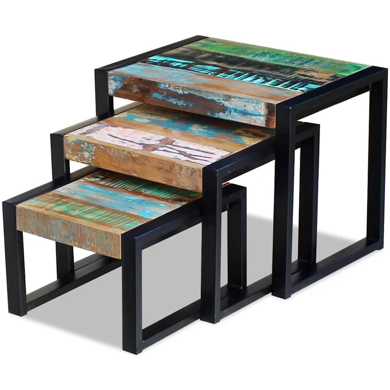Lot de 3 tables d'appoint gigognes en bois de récupération massif multicolore et acier DEC032705