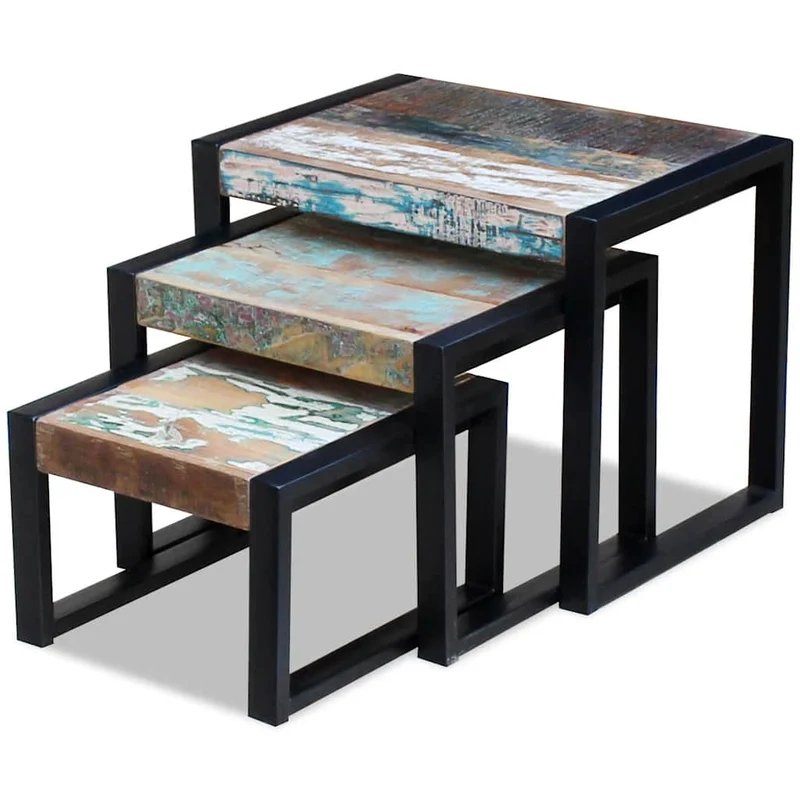 Lot de 3 tables d'appoint gigognes en bois de récupération massif multicolore et acier DEC032705