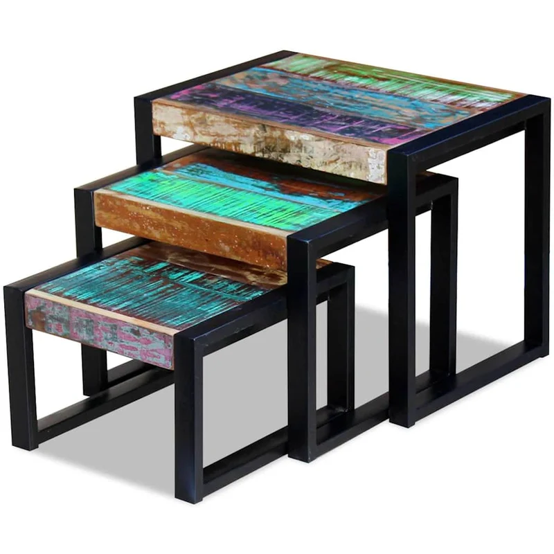 Lot de 3 tables d'appoint gigognes en bois de récupération massif multicolore et acier DEC032705
