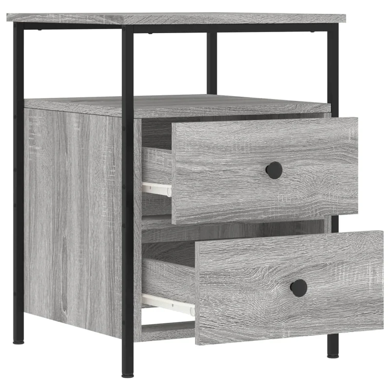 Lot de 2 tables de chevet avec deux tiroirs et étagère 44 x 45 x 60cm bois d'ingénierie gris et fer DEC035743