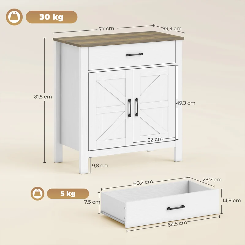 Buffet de salon portes de grange 77 x 39,3 x 81,5 cm tiroir large étagère réglable rustique ambiance cosy en MDF blanc 21_0003653