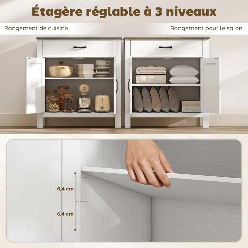 Buffet de salon portes de grange 77 x 39,3 x 81,5 cm tiroir large étagère réglable rustique ambiance cosy en MDF blanc 21_0003653