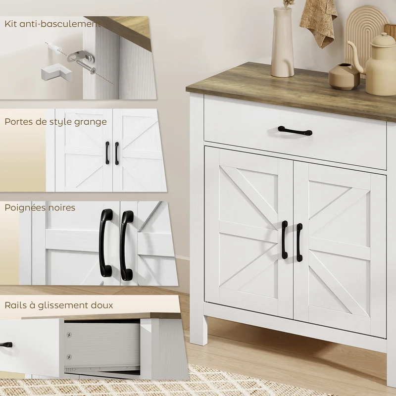 Buffet de salon portes de grange 77 x 39,3 x 81,5 cm tiroir large étagère réglable rustique ambiance cosy en MDF blanc 21_0003653