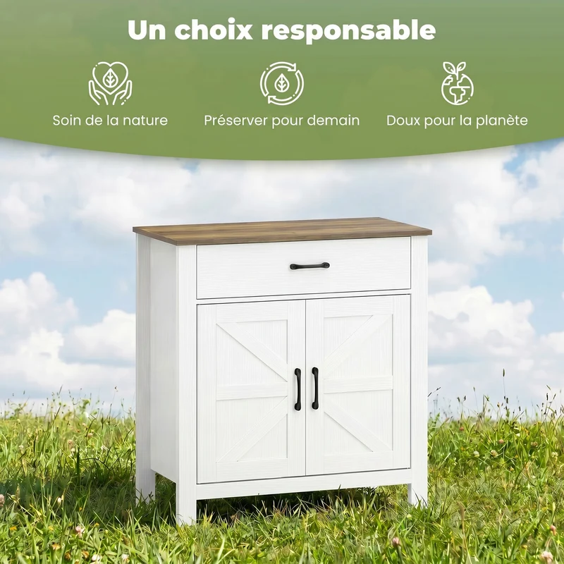 Buffet de salon portes de grange 77 x 39,3 x 81,5 cm tiroir large étagère réglable rustique ambiance cosy en MDF blanc 21_0003653