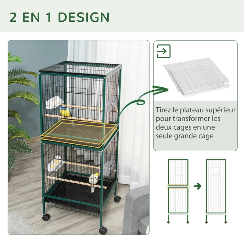 Volière double sur pied grand format 51.5 x 50 x 140 cm plateau amovible roulettes moderne fonctionnelle en acier vert 21_0007573
