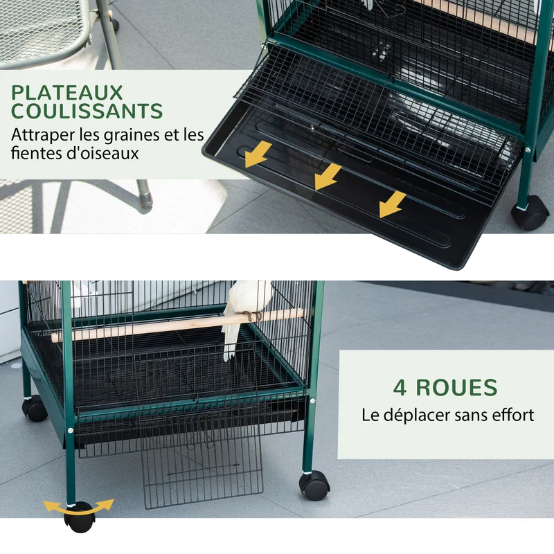 Volière double sur pied grand format 51.5 x 50 x 140 cm plateau amovible roulettes moderne fonctionnelle en acier vert 21_0007573