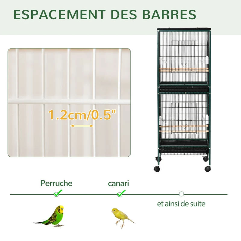 Volière double sur pied grand format 51.5 x 50 x 140 cm plateau amovible roulettes moderne fonctionnelle en acier vert 21_0007573