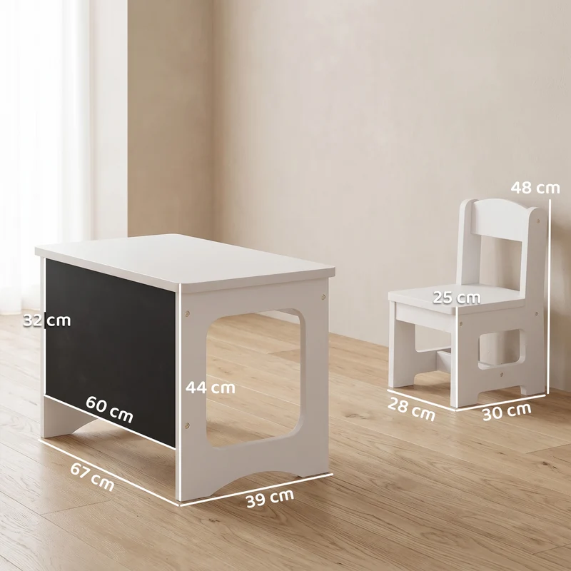 Bureau et chaise enfant 67 x 39 x 44 cm plateau réversible tableau noir bords arrondis assise scandinave en MDF blanc 21_0000239