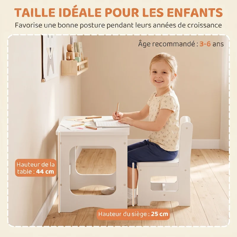 Bureau et chaise enfant 67 x 39 x 44 cm plateau réversible tableau noir bords arrondis assise scandinave en MDF blanc 21_0000239