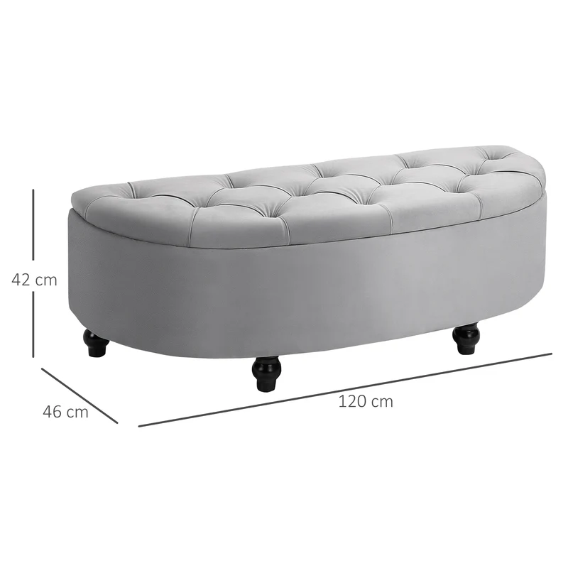 Banc de rangement demi cercle 120 x 46 x 42 cm rangement coffre capitonné avec style classique chic en velours gris clair 21_0001488