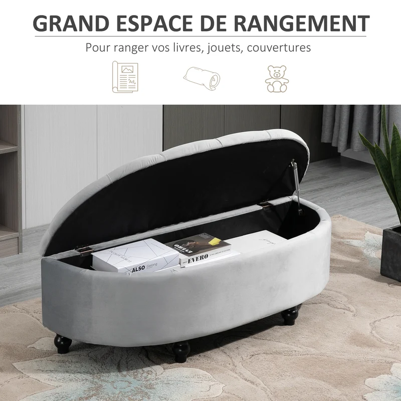 Banc de rangement demi cercle 120 x 46 x 42 cm rangement coffre capitonné avec style classique chic en velours gris clair 21_0001488