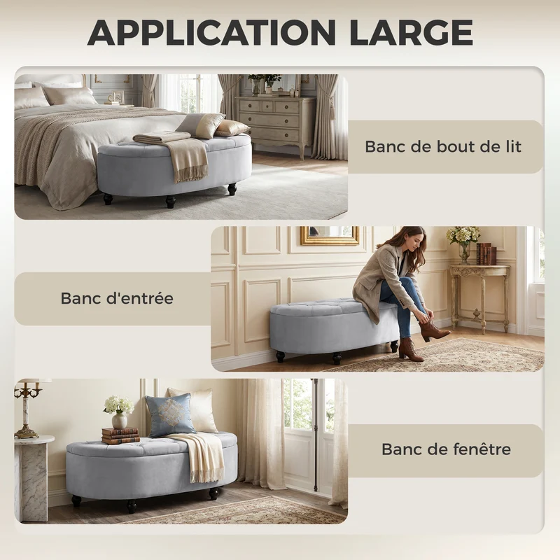 Banc de rangement demi cercle 120 x 46 x 42 cm rangement coffre capitonné avec style classique chic en velours gris clair 21_0001488