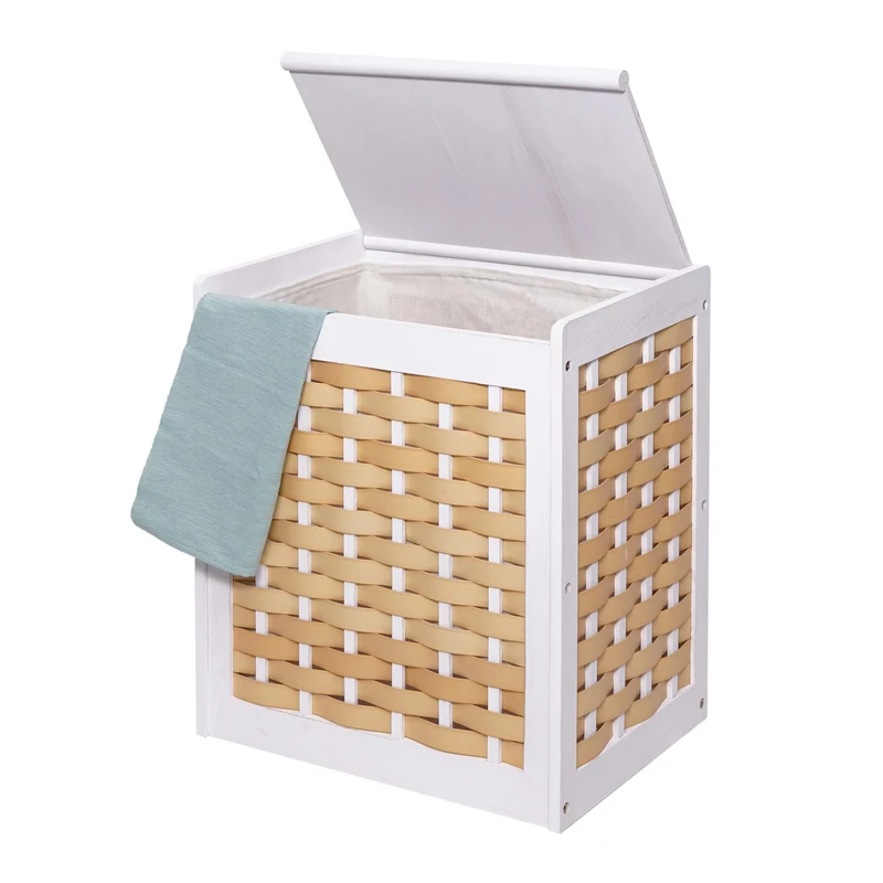 Panier à linge bac trieur de linge en bois massif maille 61x51x35cm blanc 04_0003751