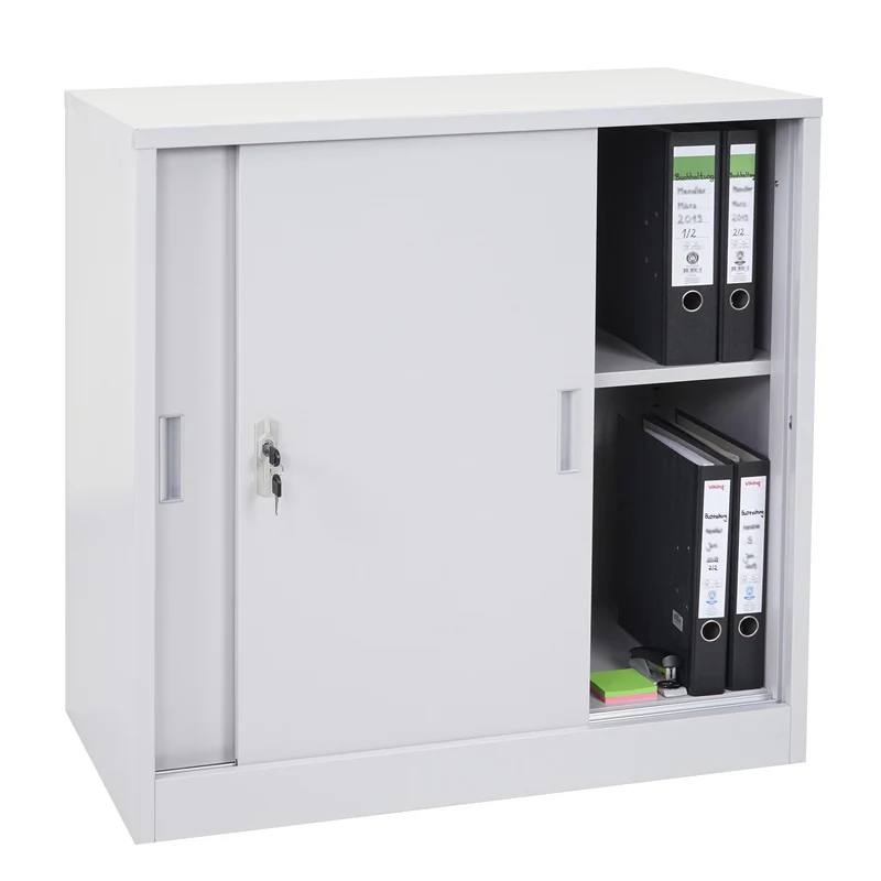 Armoire de rangement bureau en acier, avec portes coulissantes 90x90x45cm gris 04_0000959