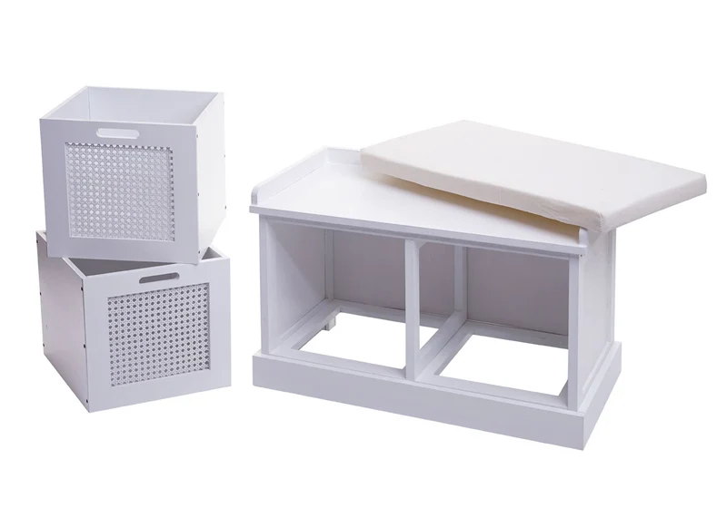 Banc banquette en bois de paulownia blanc et MDF avec coussin blanc boites de rangement 47x75x40cm BAN04054