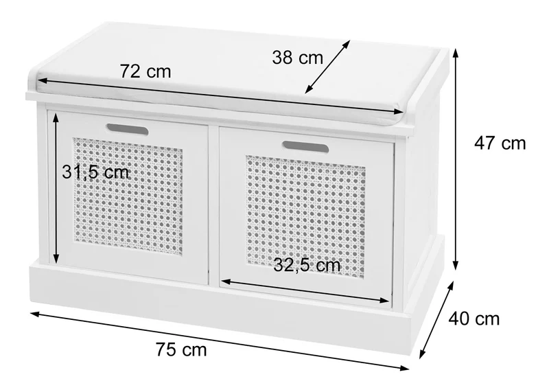 Banc banquette en bois de paulownia blanc et MDF avec coussin blanc boites de rangement 47x75x40cm BAN04054